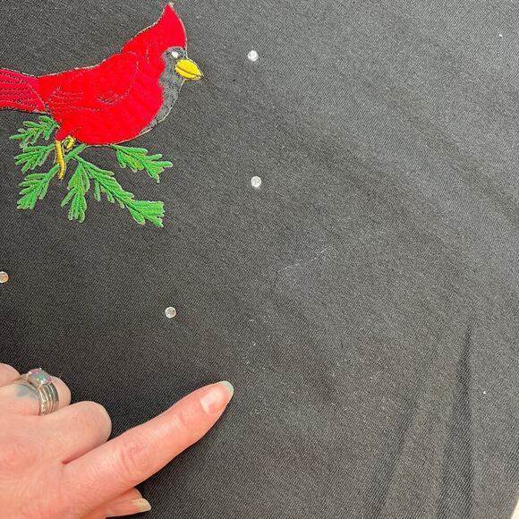 American VTG Christmas Cardinals T-Shirt sz L Womens Casual Tee Bird Bling Black - Picture 9 of 9